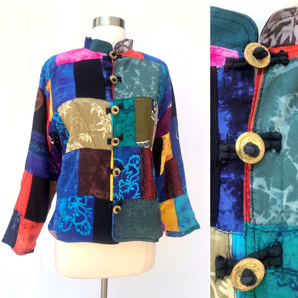 Vintage Patchwork Quilt Batik Mandarin Collar Ray… - image 1